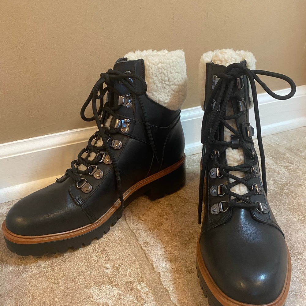 Marc Fisher black Isabel bootie with Sherpa trim. New!